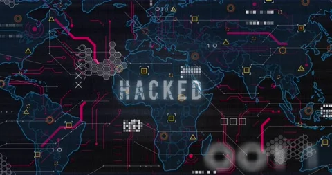 Animation of hacked text in circuit board pattern over map and binary codes on Stock Footage 235488167