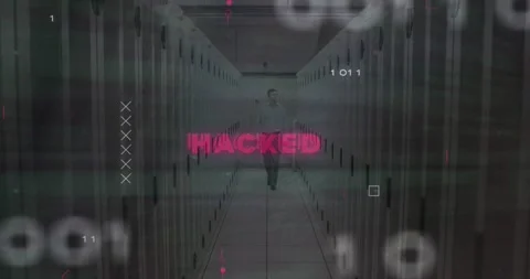 Animation hacked text, computer language, caucasian male engineer inspecting Stock Footage 330400313
