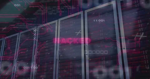 Animation of hacked text over data processing and computer motherboard and Stock Footage 328648430