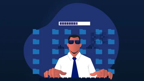 Animation of a hacker hacking into a computer with folders and digital graphs in Stock Footage 229863733