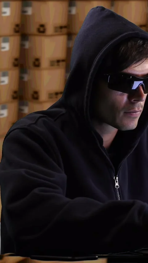 Animation of hacker using laptop with stacks of boxes in warehouse Stock Footage 331643247
