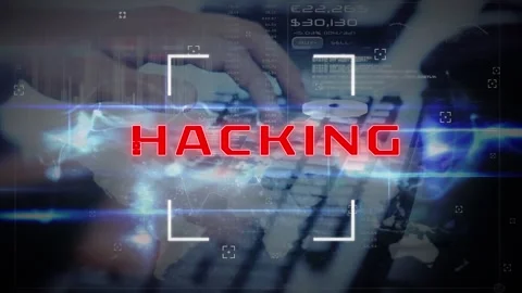 Animation of hacking text and data processing over hands typing on keyboard Stock Footage 327583162