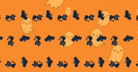 Animation of halloween ghost, cat and cat pattern on orange background Stock Footage 328506969