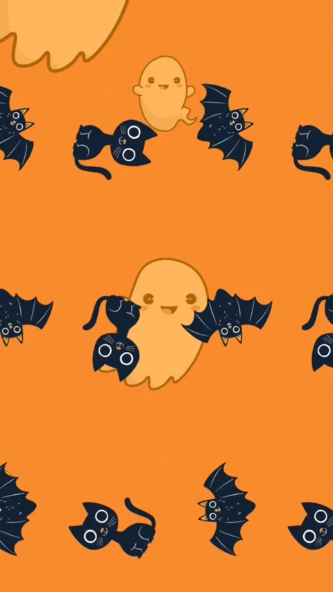 Animation of halloween ghost, cat and cat pattern on orange background Stock Footage 344556539