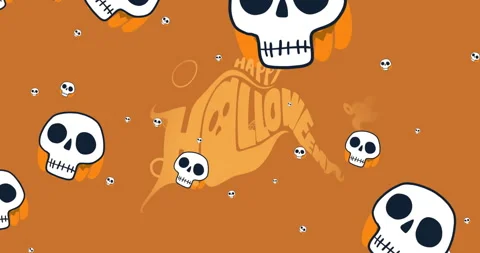 Animation of halloween greetings text over skull pattern on orange background Stock Footage 315950358