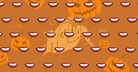 Animation of halloween greetings text over teeth and pumpkin pattern on orange 스톡 동영상 329420738
