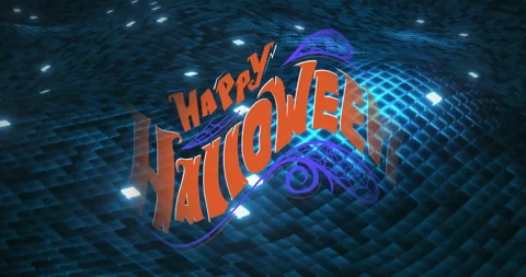 Animation of Halloween text with spider web on blue digital grid background Stock Footage 303588532