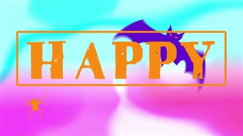 Animation of Halloween-themed text with bat and spider on colorful background Stock Footage 330255002