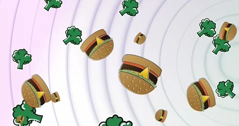 Animation of hamburger icons falling over white concentric circles Stock Footage 330664589