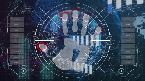 Animation of hand bionic security system over screen with diverse data and world 스톡 동영상 330113118