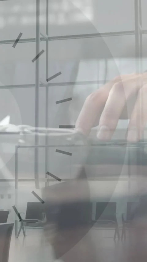 Animation of hand of caucasian man using computer over clock moving Stock Footage 324558326