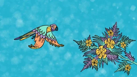 Animation hand drawn frame-by-frame in blue of a parrot in flight over a flower Stock Footage 156854327