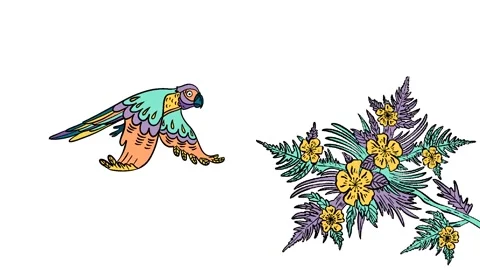 Animation hand drawn frame-by-frame in color of a parrot in flight over a flower Stock Footage 156854633