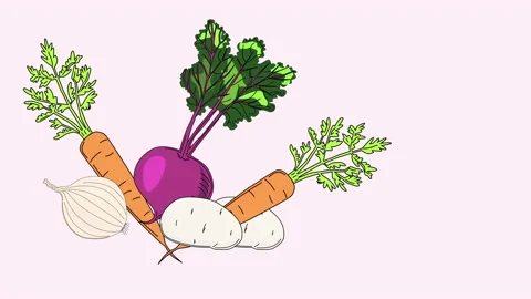 Animation of hand drawn vegetables roots - carrot, beetroot, onion, potatoes Stock Footage 135051194