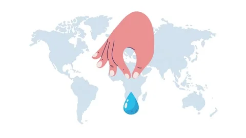 Animation of a hand dripping water over a world map representing global wat.. Видео 338422972