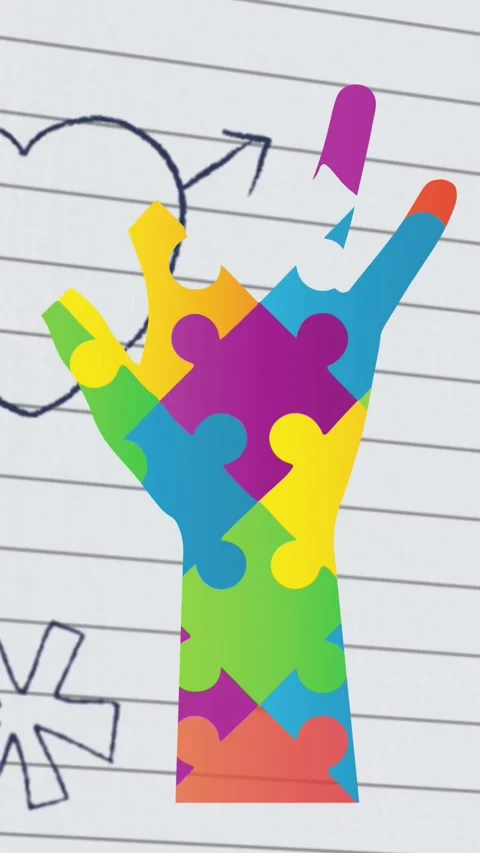 Animation of hand formed with puzzles over school icons on ruled paper Stock Footage 331719854