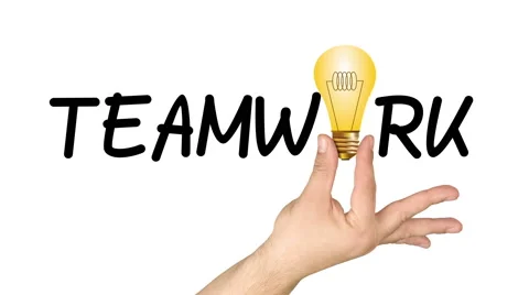Animation hand holding light bulb teamwork word Video stock 59964355