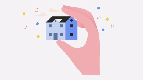 Animation of hand holding tiny blue house Stock Footage 240091740