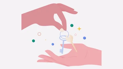 Animation of hand of real estate agent gives house door keys to hand of customer Stock Footage 240091745