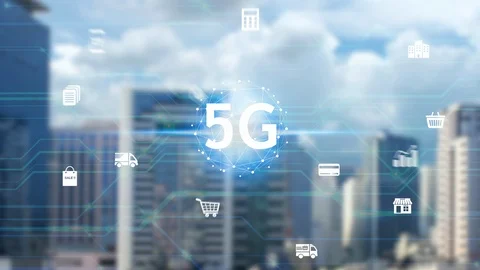 Animation hand touch network using 5G technology with virtual screen icons  Stock Footage 124372144