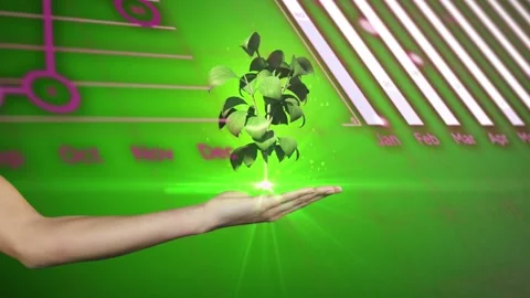 Animation of hand with tree and data processing over green background Stock Footage 330412666