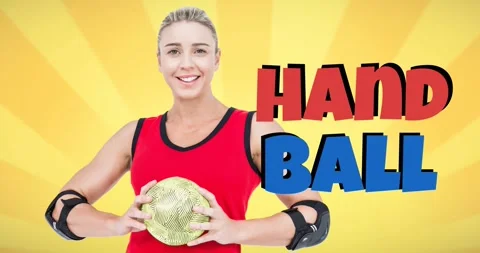 Animation of handball text over smiling caucasian female handball player holding Stock Footage 328295715