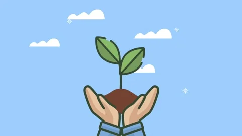Animation of hands holding young green plant sprout against blue sky with m.. Stock Footage 333606439