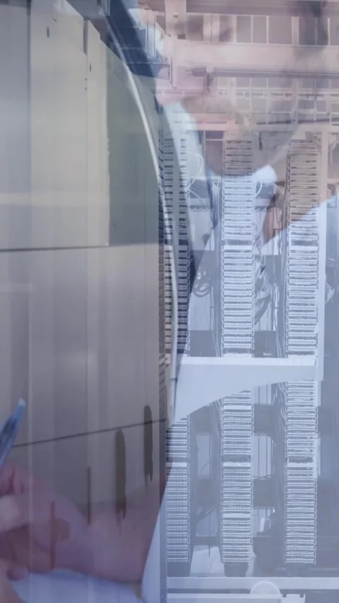 Animation of hands working over modern building over data processing Stock Footage 322084217