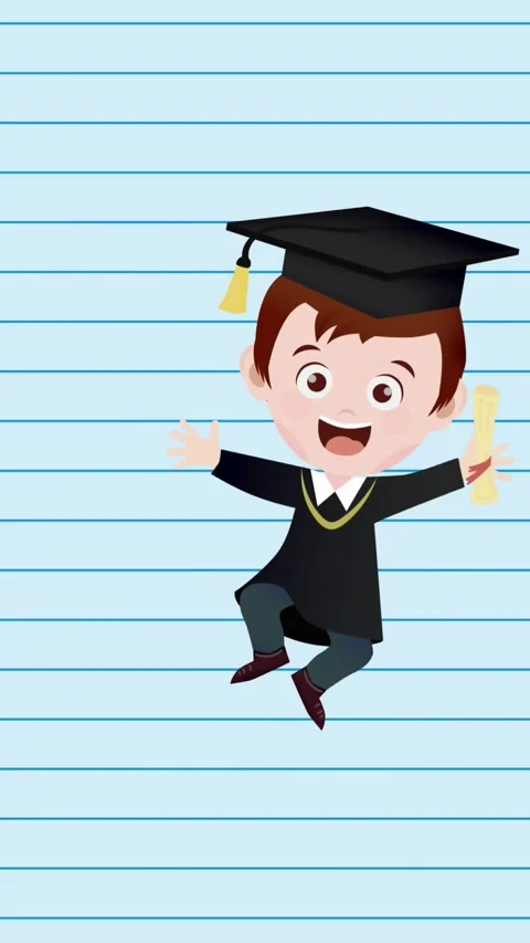 Animation of happy boy drawing wearing mortarboard and holding degree over book Stock Footage 344745951