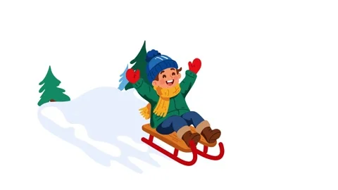 Animation happy boy sledding down snowy hill Stock Footage 346374162