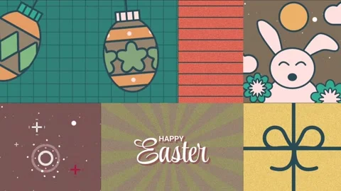 Animation of happy easter and spring background with bunny, eggs, and flowers. Stock Footage 261683993