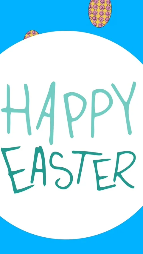 Animation of happy easter in circle over easter eggs floating on blue background Stock Footage 341918368