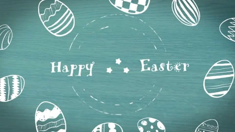 Animation of happy easter text banner and easter egg icons against blue wooden Stock Footage 263899003
