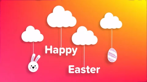 Animation of happy easter text with clouds, bunny and egg over shapes on orange Stock Footage 310681838