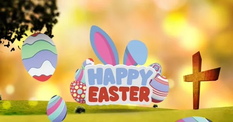 Animation of happy easter text with easter bunny ears, easter eggs and christian Stock Footage 328708228