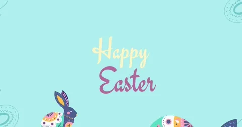 Animation of happy easter text with easter bunnies and spinning circle on blue Stock Footage 329020282
