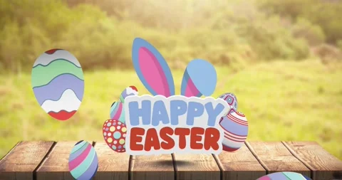 Animation of happy easter text with easter bunny ears and easter eggs over Stock Footage 329163490