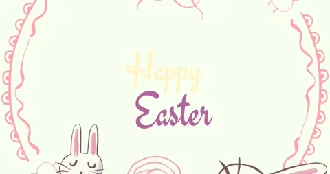 Animation of happy easter text with easter bunnies and spinning red circle on Stock Footage 329220158
