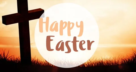 Animation of happy easter text over cross and grass Stock Footage 329220376