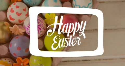 Animation of happy easter text over multi coloured easter eggs on wooden surface Stock Footage 329359092