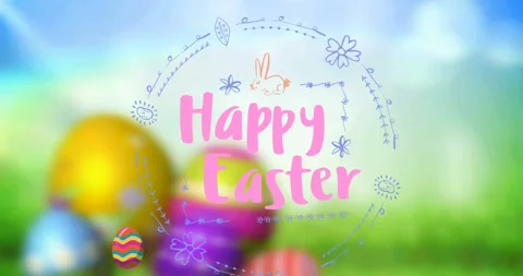 Animation of happy easter text in round frame over decorated easter eggs on out Stock Footage 329020308