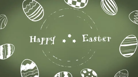 Animation of happy easter text with stars in circle over drawing of eggs over Stock Footage 315949580