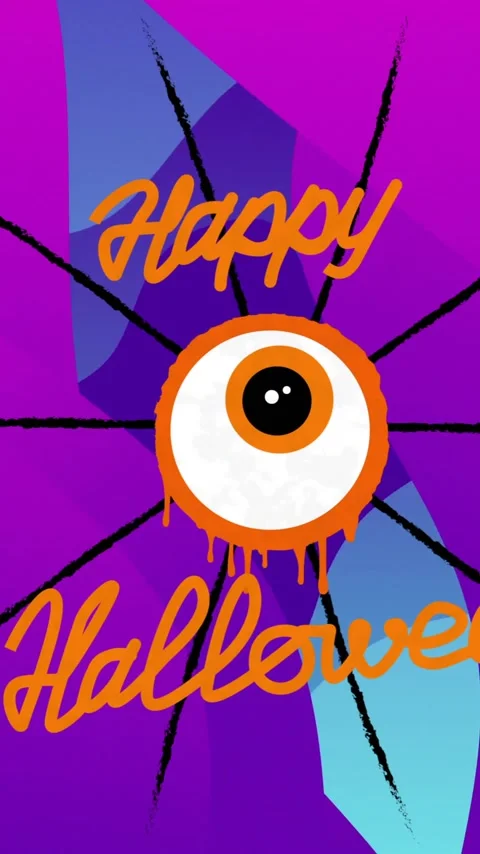 Animation of happy halloween text with moving eye over purple shapes on blue Stock Footage 342806380