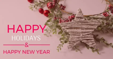 Animation of happy holidays and text banner over red cherries and star Stock Footage 328239957