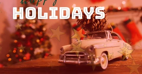 Animation of happy holidays text banner and stars against pine over a toy car on Stock Footage 329699116