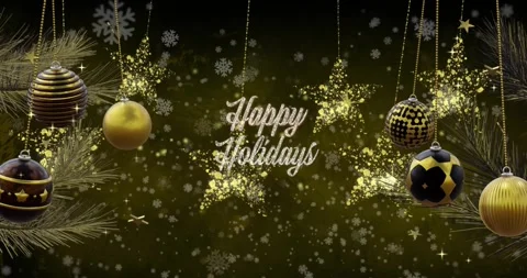 Animation of happy holidays text over baubles, feathers, stars and falling Stock Footage 328007257