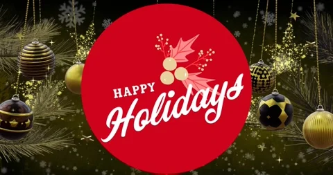 Animation of happy holidays text in red circle over golden baubles, feathers and Stock Footage 329569123