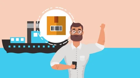 Animation of happy man using smartphone for logistics tracking with cargo s.. 動画素材 338423347
