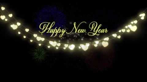 Animation of happy new year text with heart fairy lights and fireworks exploding Stock Footage 165600372