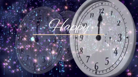 Animation of happy new year text with fireworks exploding and glowing spots over Stockbeeldmateriaal 327784304
